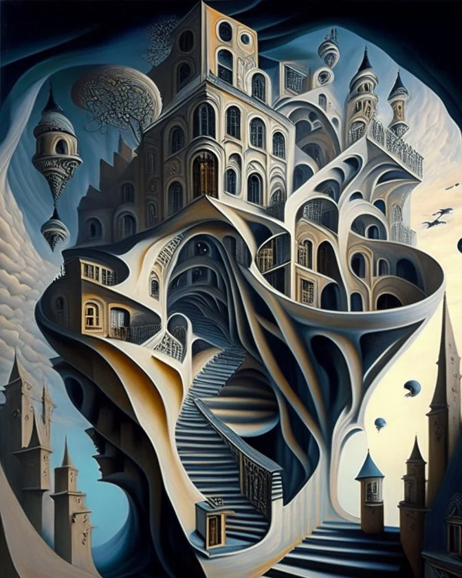 A captivating, surrealist painting of a gravity-defying, Escher-inspired building with multiple perspectives, impossible staircases, and fantastical elements that defy the laws of physics, set within a dream-like landscape.