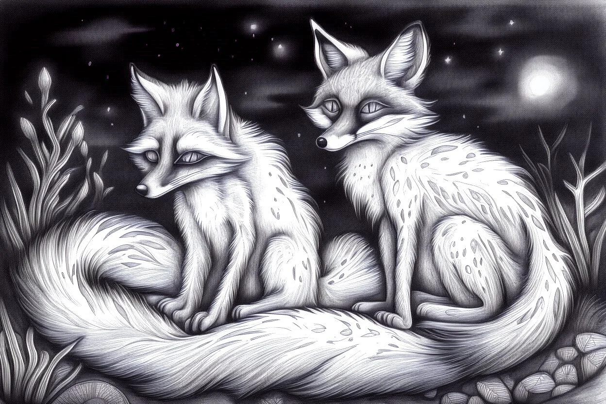 twilight descends, sly and clever foxes and their nocturnal adventures - Pencil drawing.