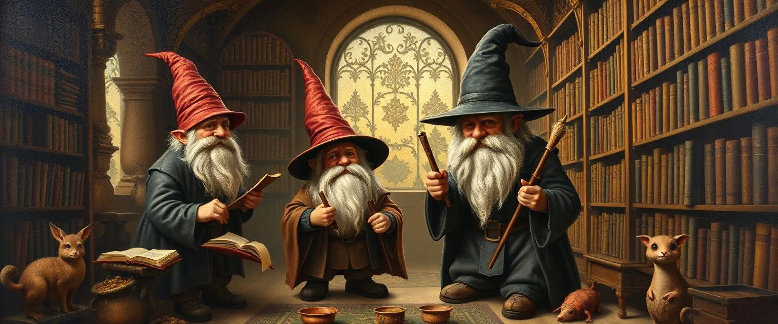 master oil painting by Rembrandt, magia spy gnomes soap opera poster, huge archeive, library, woodland creatures