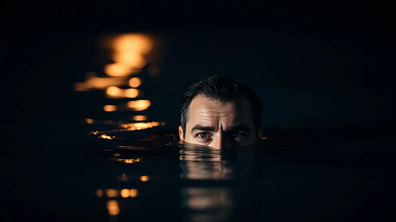 A Man Seriously Looking Straight With Only His Head And Eyes Are Appearing From The Surface Of The Water At Dark Night Showing Dramatic And Cinematic Ambiance.