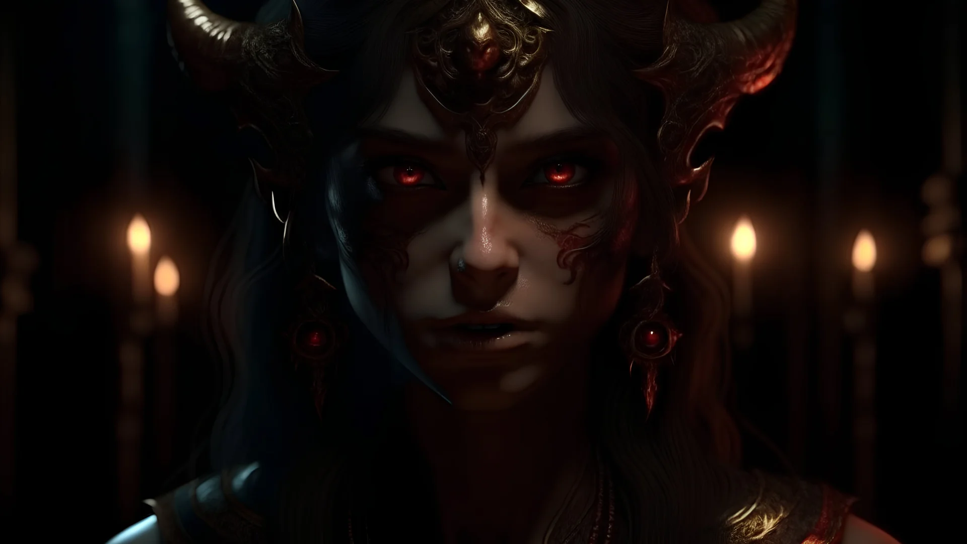 Transcendent being, jinn, with devil face, be a girl, scary, with mysterious eyes, full face, bust, real, high quality, 4k