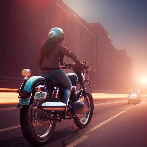 Royal enfield classic 350. Highway. high speed. bokeh. lens flare. warm lights. high detailed. Anime