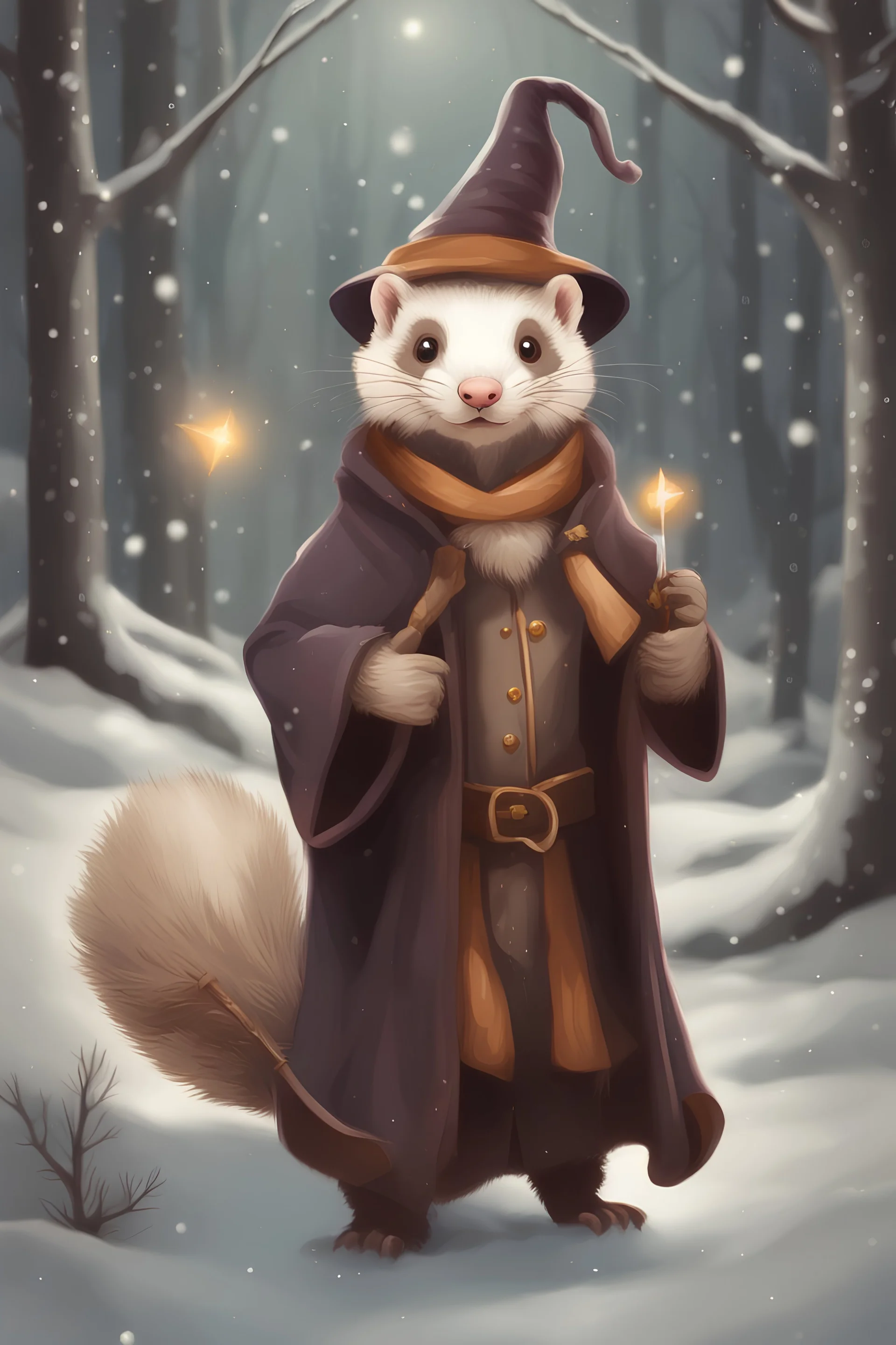 (anthropomorphic ferret),dressed in wizard clothes, cute, winter forest on background, paper texture, magic runs arond