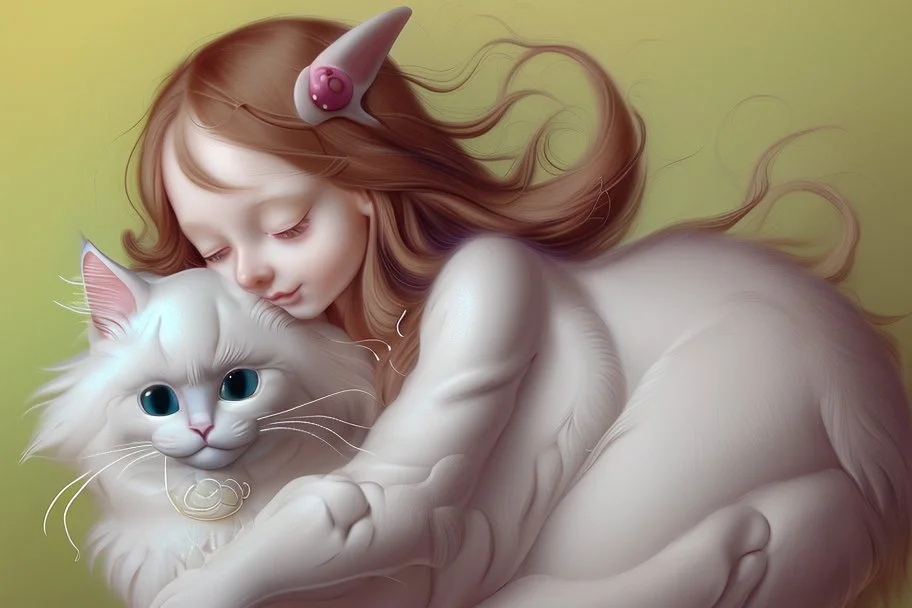 a cute foam girl hugging a foam ragdoll-cat , fine detailed, face drawing, dim background sharp focus elegant fantasy intricate very attractive beautiful ultra detailed colourful anatomically correct (A} Hieronymus Bosch, Henri Rousseau, Nicoletta Ceccoli, (A1) Anna Dittman, Remedios Varo, Sherry Akrami (A2) Serge Marshennikov, Zdzislav Beksinski