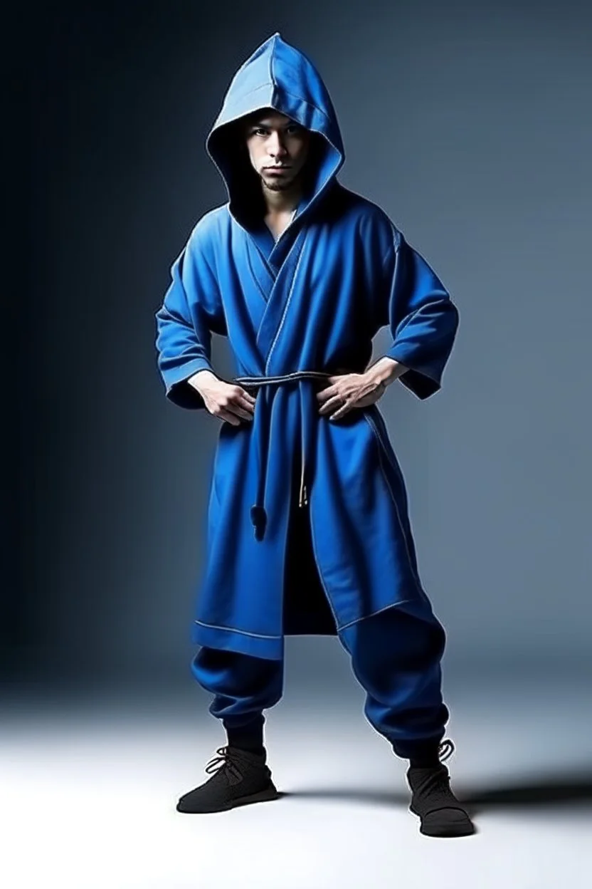 young human rogue in blue kimono clothing hood down full body