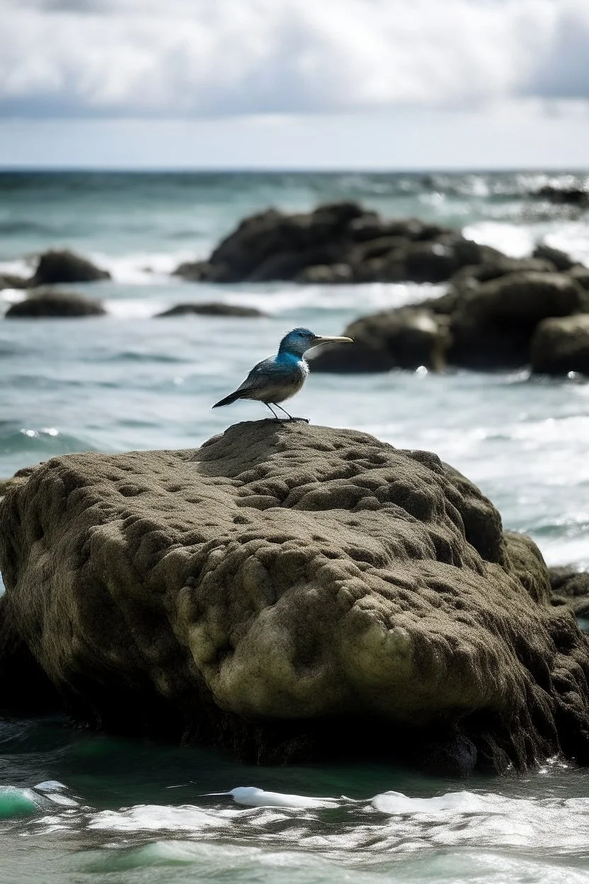 A bird stands on sea rocks on the shore of a remote island