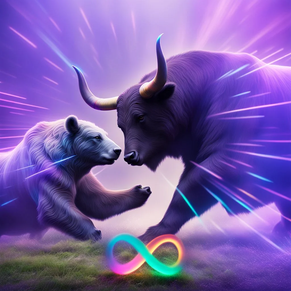 brightly coloured 3D infinity symbol ∞, bull with horns on right fighting with a bear on left, bull is winning, DSLR with a 80mm lens f/16 and a slow shutter speed of 1/15s, realistic photograph, striking, neon, vibrant, chiaroscuro, dramatic, captivating, high-tech, powerful, fantasy, beautiful, octane render, 16k post-production, award-winning photo: atmospheric: commanding: clarity: ultra quality: striking: brilliance: stunning colors: amazing depth