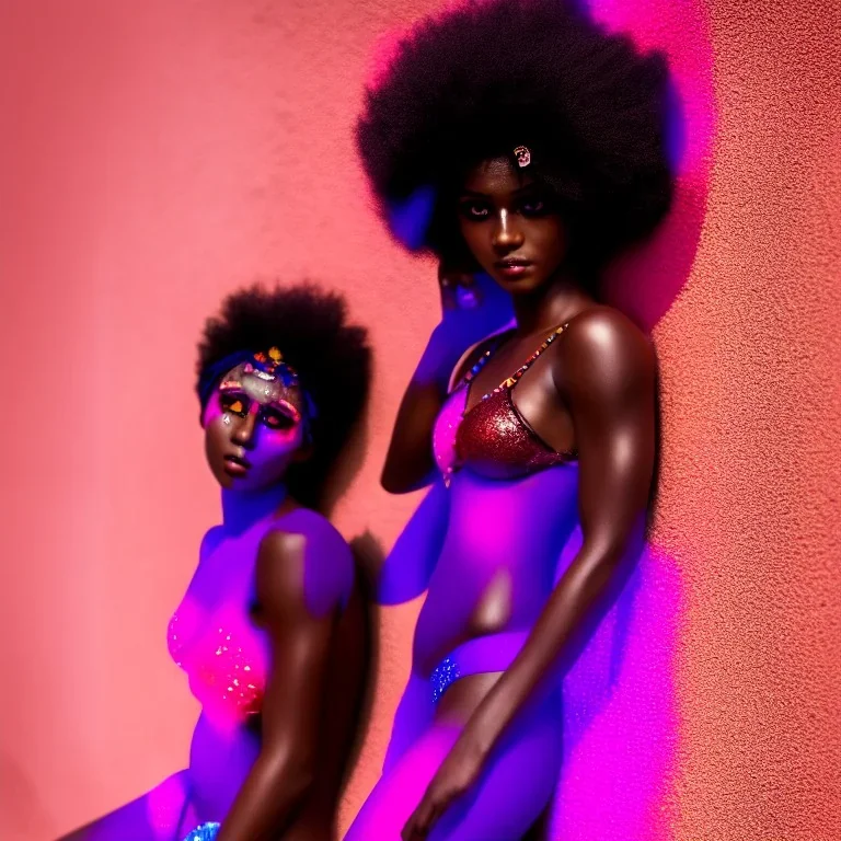 full body shot, masterpiece, best quality, one boy, dark skinned, sparkling eyes, fluorescent skin, colorful makeup, afro, highly detailed body, sun light, 4K, RAW, depth of field, high contrast, realistic details, 24mm