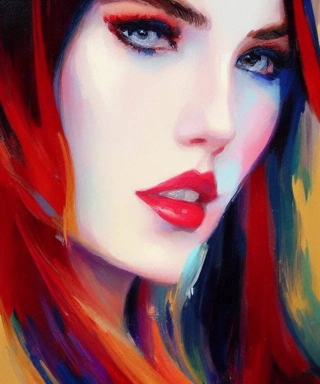 Masterpiece, best quality, The Face of the Curious Female by Bryen Frost rework. trace light, painted impressionist brush strokes. Paint spatters, drips, drabs, dynamic, artstation, artgerm