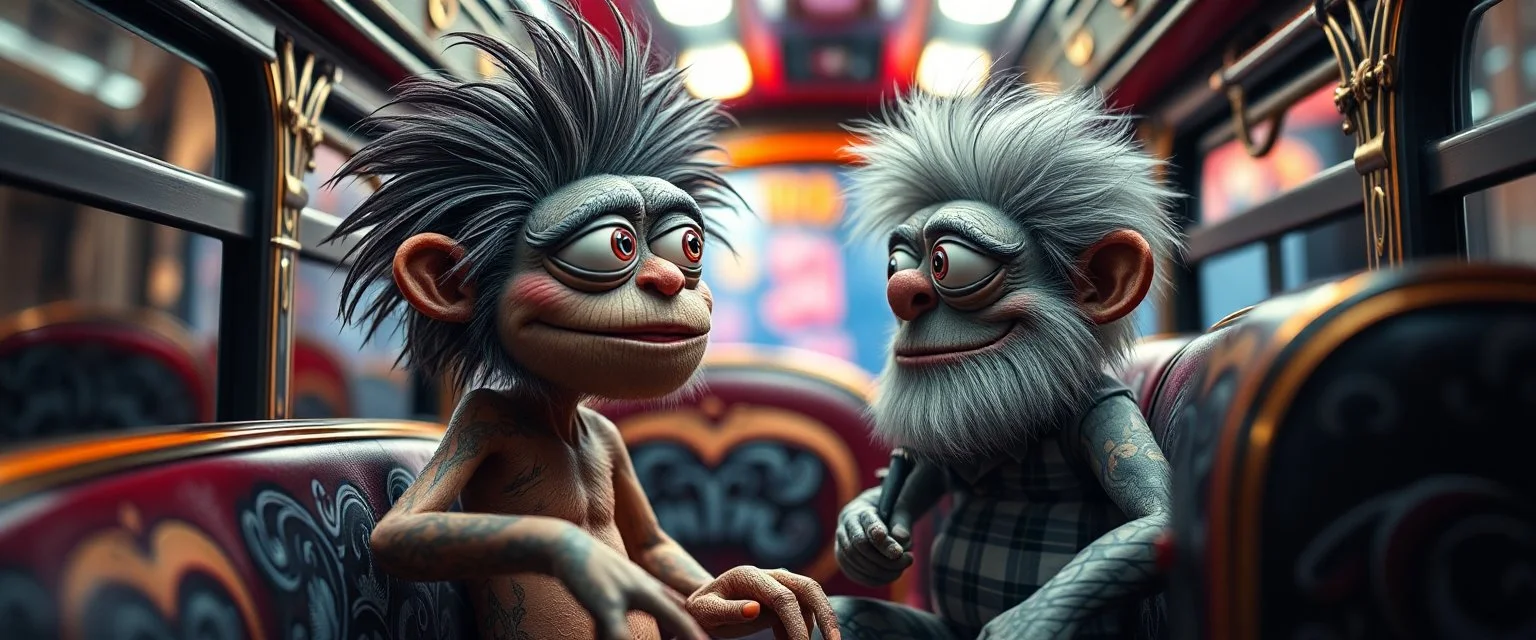close up portrait of hairy fluffy polymer clay cute happy worried monster with realistic human colored and textured skin, and long sleek limbs and with studio lights, on a luxury ornate neon buss with strange graphitti and tatooes, talking to his aunt