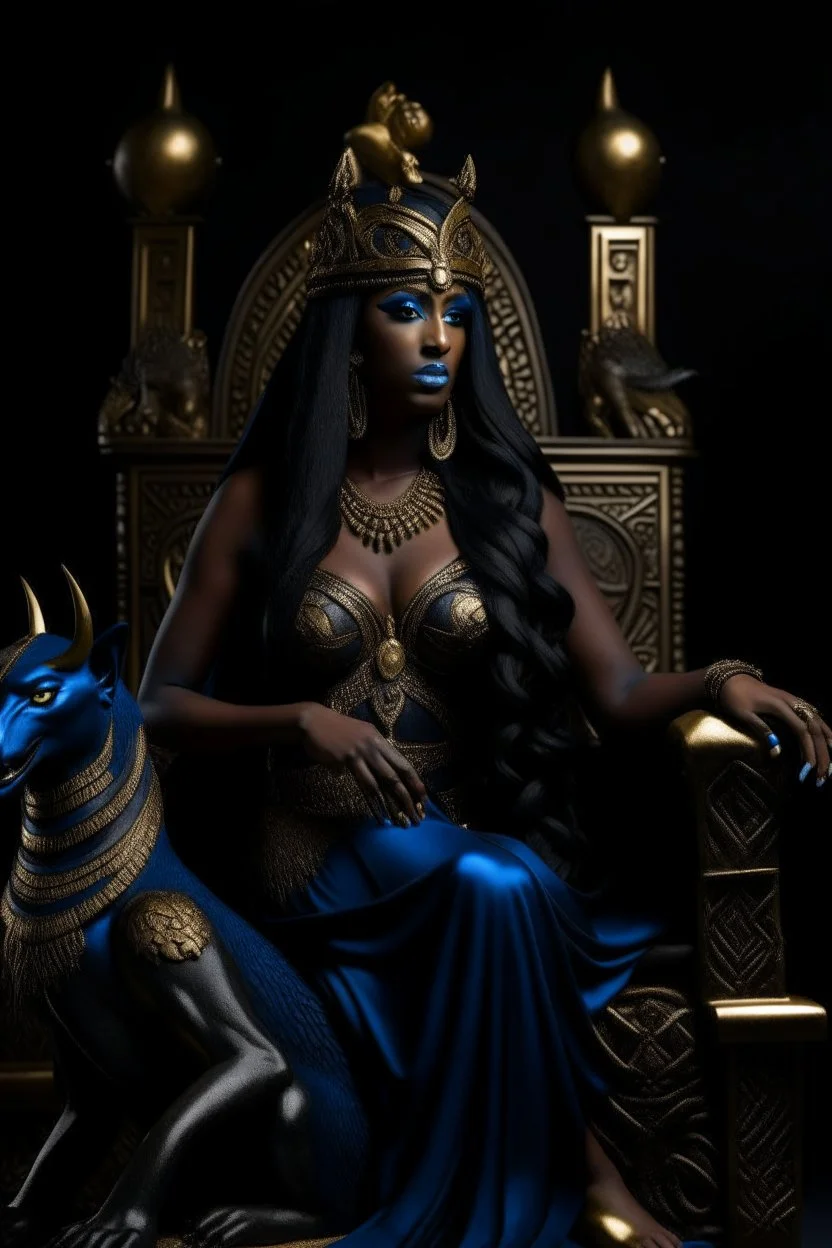 A dark-skinned Egyptian goddess with long black hair and piercing blue eyes, wearing a golden headdress and a sheer gown that reveals her curves. She is sitting on a throne made of obsidian, carved with the head of a snarling dragon