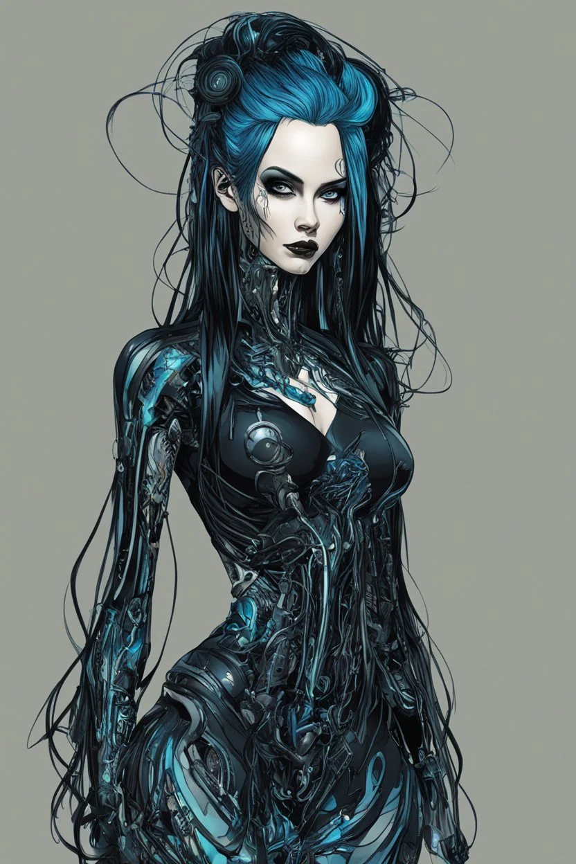 Create a wild, imaginative, full body, cybernetics enhanced goth girl with highly detailed facial features, in the vector graphic style of Nirak1,Christopher Lee, and Cristiano Siqueira, vibrant colors, sharply defined, 2d vector