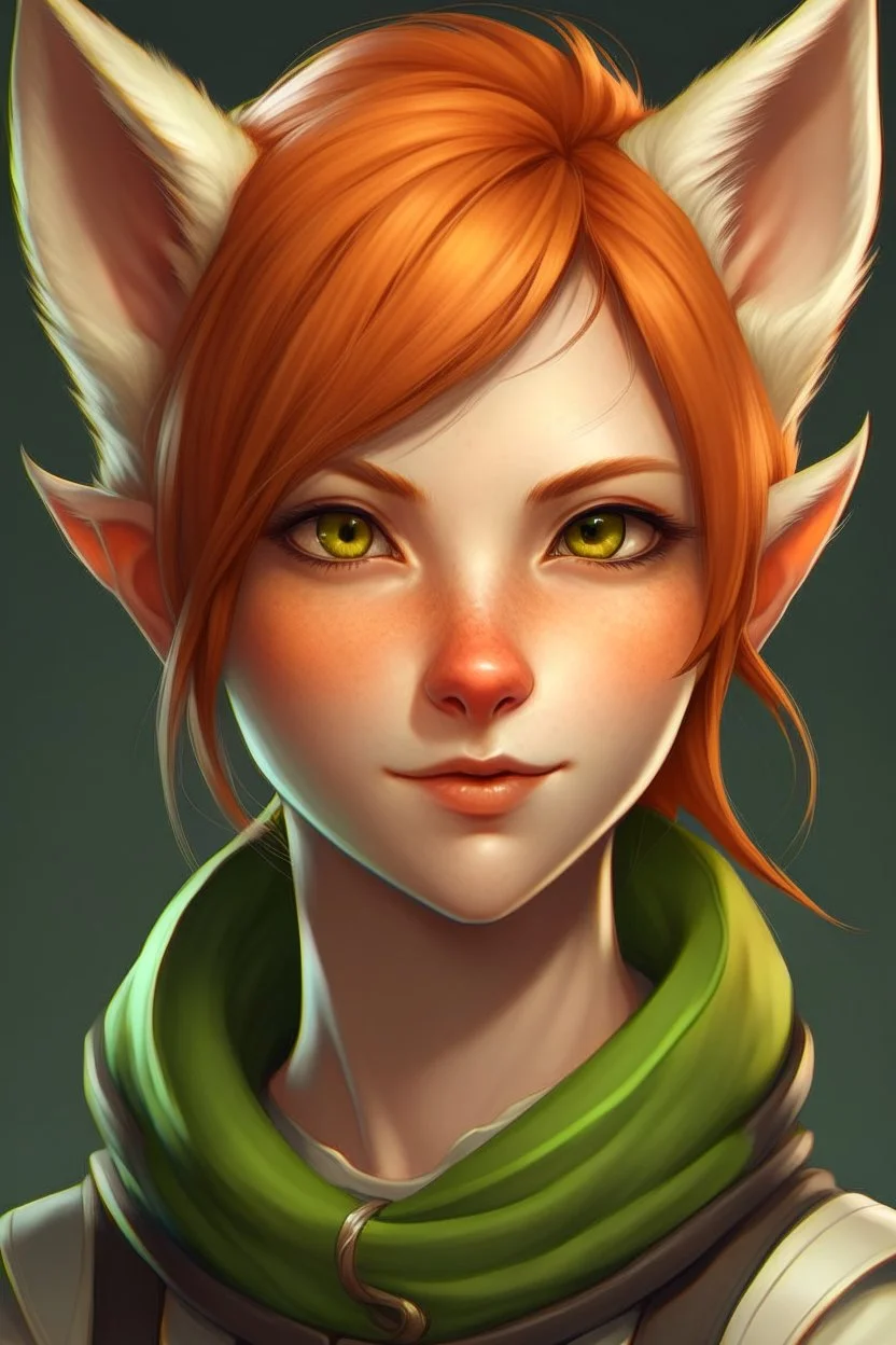 A female with short red hair, dark green eyes, large orange fox ears on top of her head, slight smile, pale skin, realistic