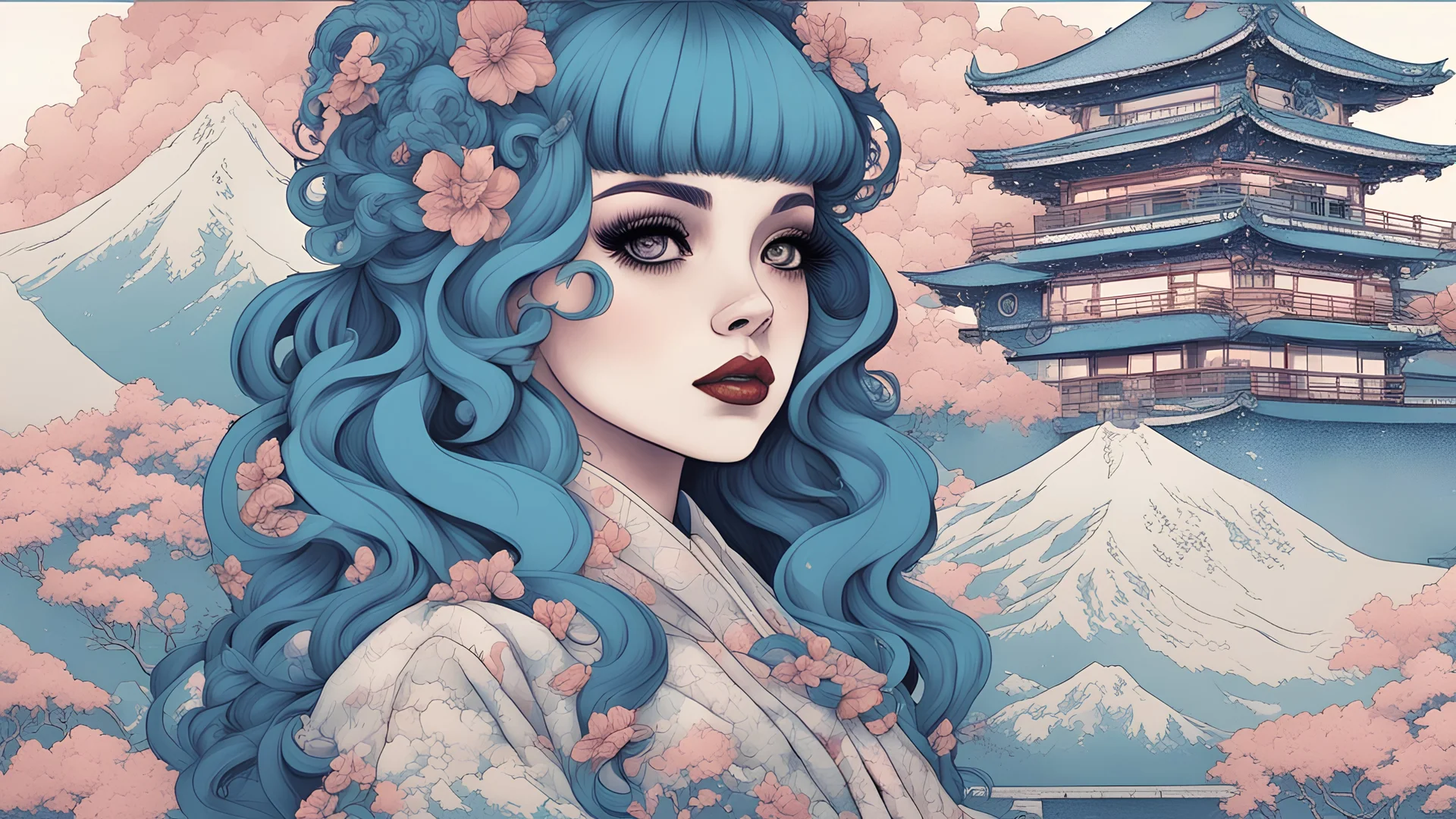 singer Melanie Martinez face, beautiful cyberpunk huge girl, hyperdetailed, illustration by Katsushika Hokusai, darkblue tones,