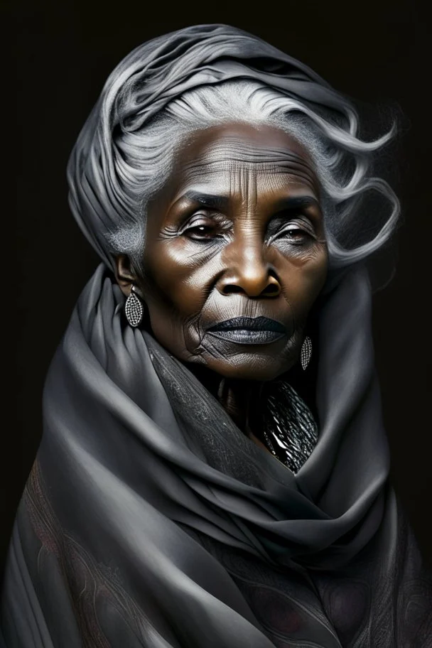 a photo of an Somalian woman with ethnic jewelry, grey hair and grey flowing robe, in style of Annie Leibovitz, contemporary portrait of a mature yet beautiful and modernist woman, black and grey, detailed feminine face, swirling fluid smokey enigma, award-winning artwork