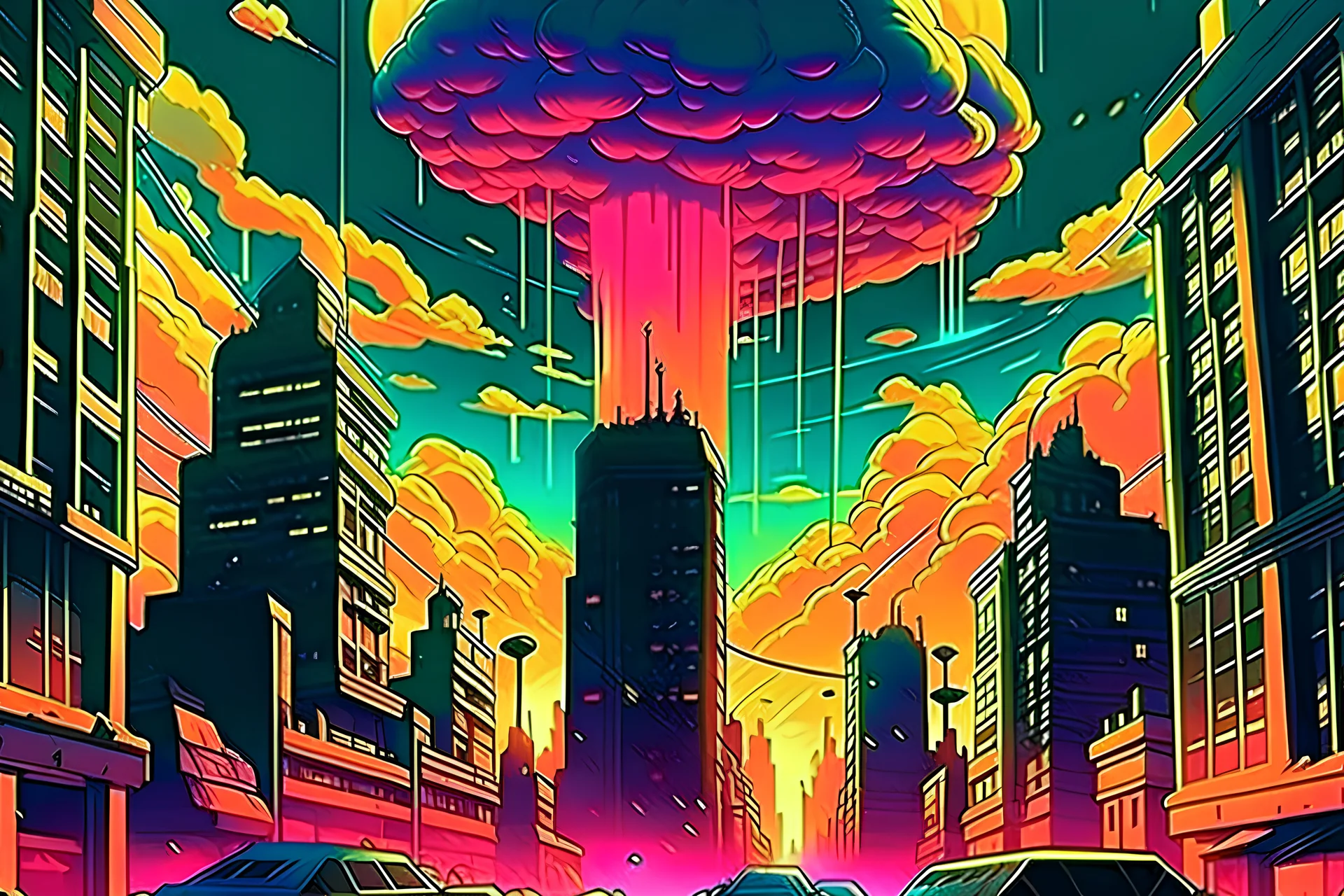 retro anime style, serius dark 1990s anime style, city, atomic mushroom cloud, synthwave