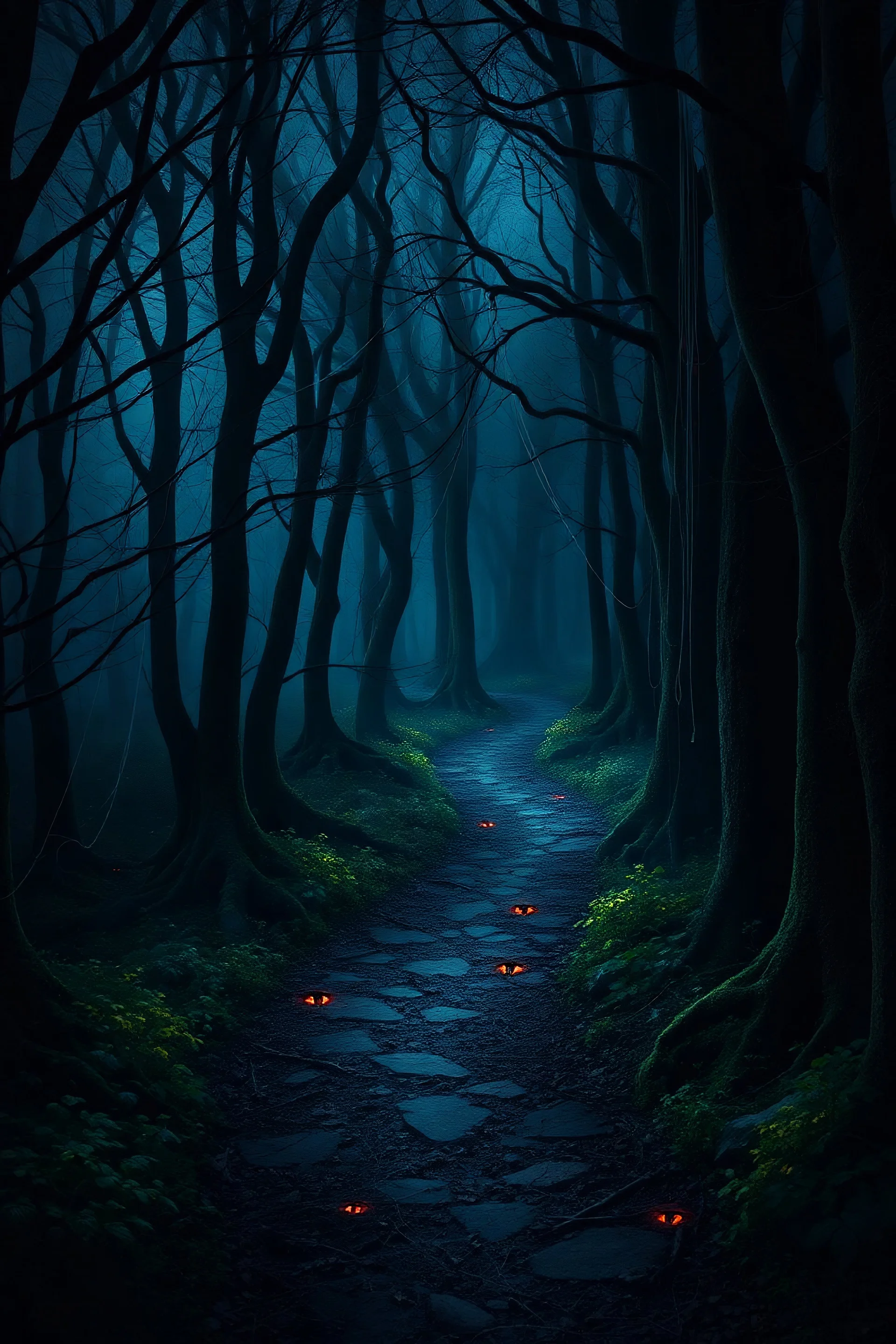 fantasy winding dark forest path with the path lit and animal eyes in the darkness and cobwebs and little will o' wisps