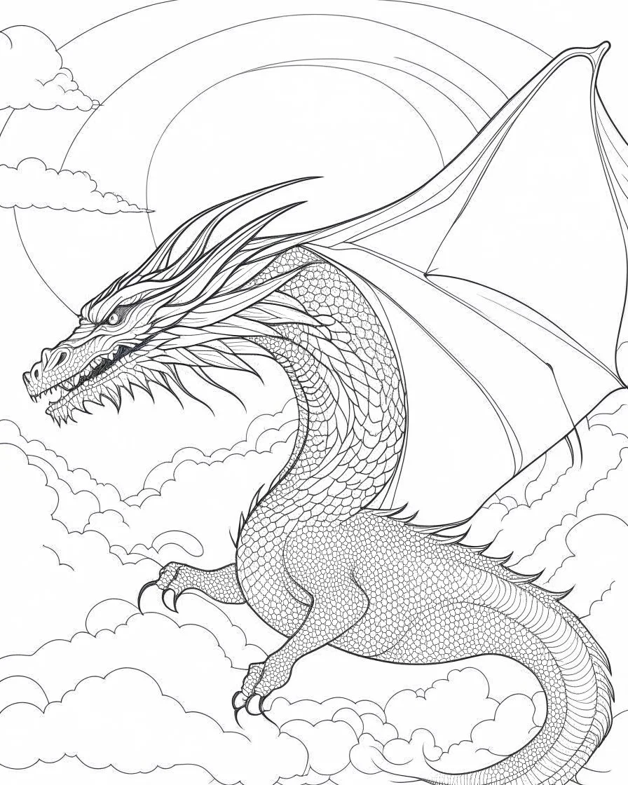 Mystical Dragon in a Celestial Sky: Craft a coloring book page featuring a mystical dragon soaring through a celestial sky. Use a sketch style with only outlines to showcase the dragon's majestic form. Frame the scene with a rectangular border adorned with magical patterns, creating a sense of wonder and fantasy.