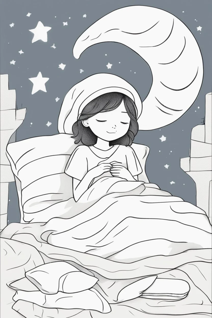 Little girls sleeping under a crescent moon with crescent-shaped pillows and blankets. Use crescent moons for the sleep accessories and a serene night sky.,very happy , Colloring page for todlliers ; basic hawali style cartoon , black and white , ink outlines , , smooth , anime style , minimalist , cute eyes , full body , white shose , sketchbook , realistic sketch , free lines , on paper , character sheet , clean line art high detailed