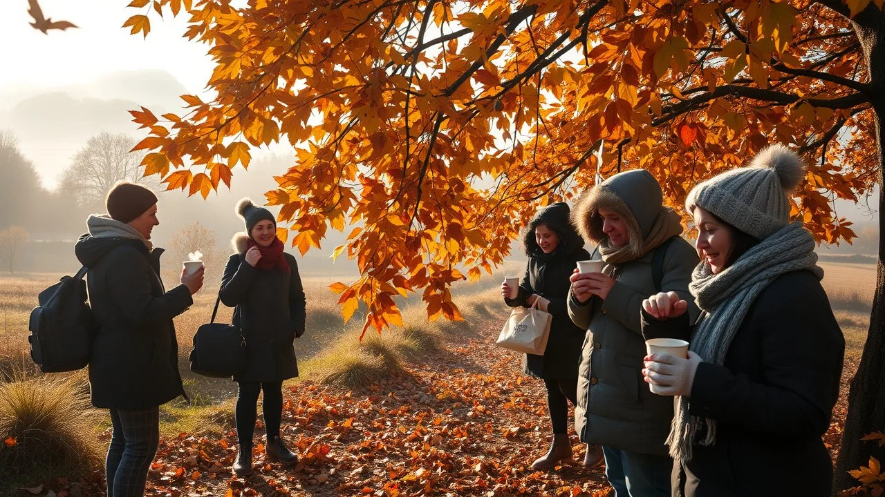 Autumn: falling leaves, Misty mornings, fog over distant fields or forests, sunshine; people wearing scarves, woolly hats, gloves, holding steaming hot drinks; chestnuts, acorns, berries, rowan, holly, mistletoe, birds migrating, squirrels gathering nuts, rabbits, beautiful colours, atmospheric. Award winning photograph.