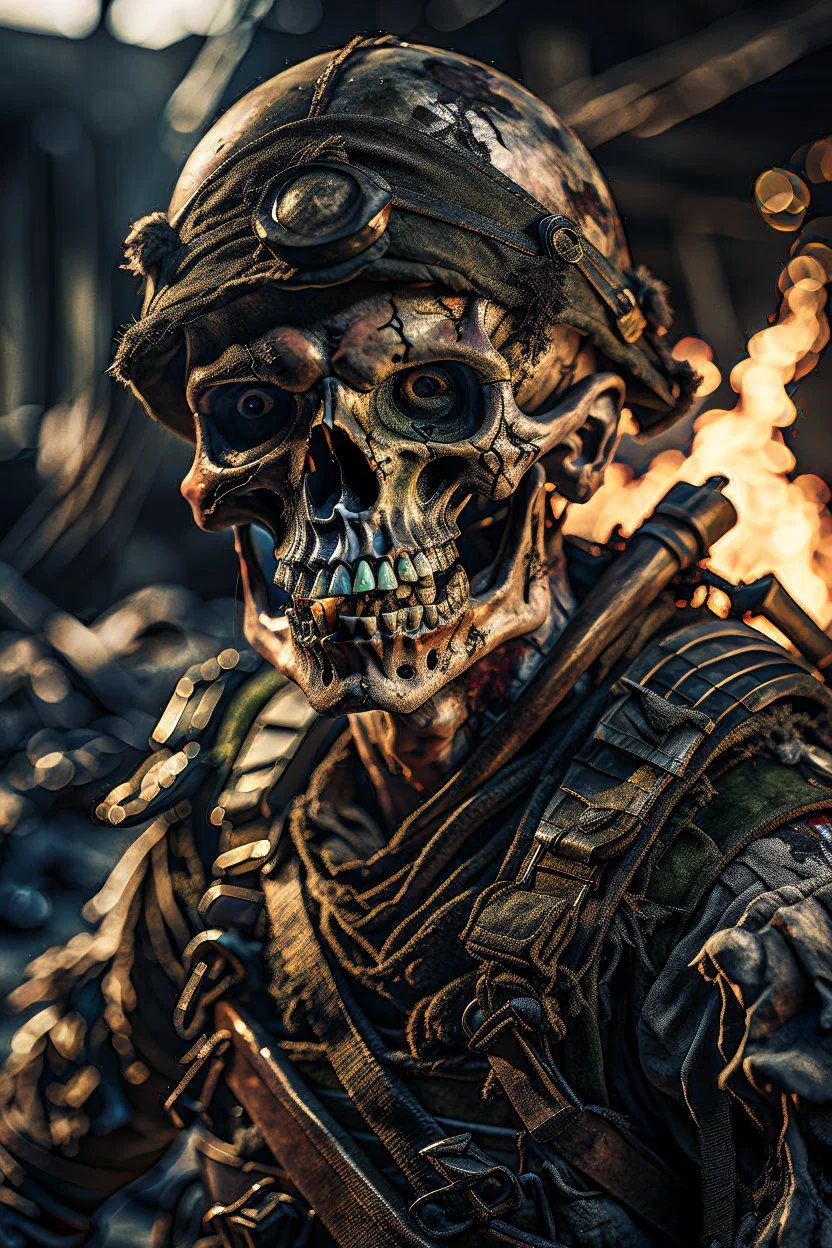 ultra high definition image of an attractive but scary looking skeleton, rising from the ashes, a war veteran, partially humanlike characteristics, army beret and ripped amo wear, very detailed, chaotic background, dramatic close-up action shot of him on a burned out war tanker with a torpedo on shoulder ready to fire and ammo ,gothic and dark theme, 12k