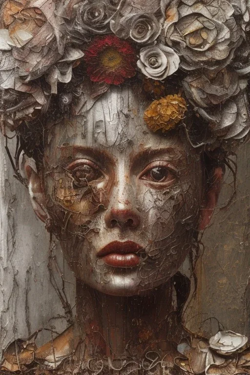 an abstract painting of rusted metal and flowers, by anselm kiefer and lucian freud, rust, scaffolding, iron cladding, decay, mixed media, textured, anatomically correct, beautiful perfect face, sharp focus, highly detailed