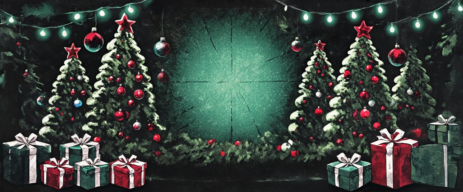 A christmas banner, symetrical, christmas trees with ornaments, light in the center, presents in front of the trees, lights on the top of the image. Realistic, dark and moody. Dark geen tones, red highlights. very dark illustrations, inky illustration style.