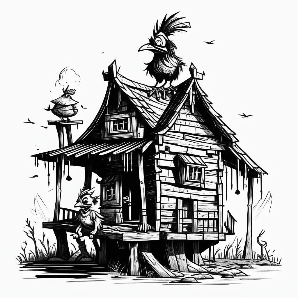Make black and white cute drawing of a Baba Yaga’s House (Walking Hut on Chicken Legs) with black bold lines. Only outline, no grayscale. A quirky wooden hut with chicken legs