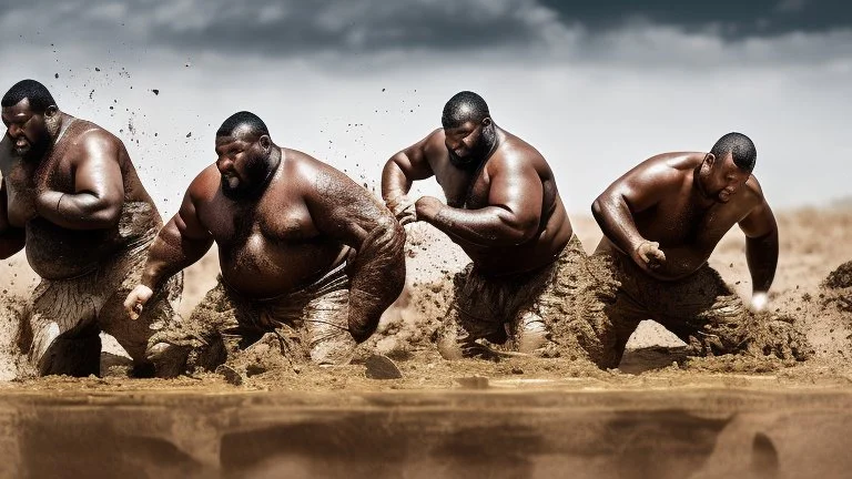 wide angle photography of two 55 years old marocan burly chubby mud men fighting in the mud, long hair, beards, manly chest, bullneck , photorealistic , view from the ground