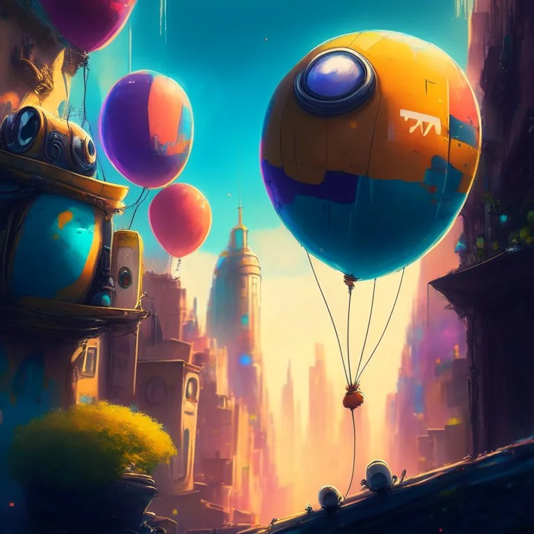 Wall-E, digital art, anime, 4k, full details, high resolution, colorful, alone, city, baloons