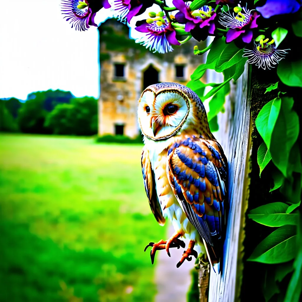 Adobe Promp: On a wall, a close up of a barn owl, side view, in a lavish background of blooming passion flowers. In the background in the distance an old ruin. A fisheye effect, a small depth of field, a sloppy look, a vintage atmosphere. a botanical image. Glamour glow, beautiful light.
