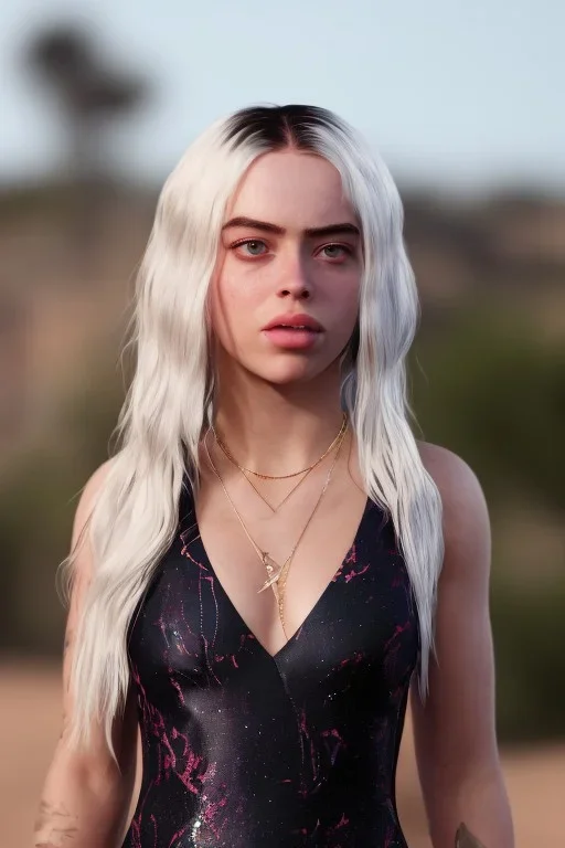 Billie Eilish, in a swimsuit, high detail, realistic, 8k, not to be distinguished from a photo, identical pupils