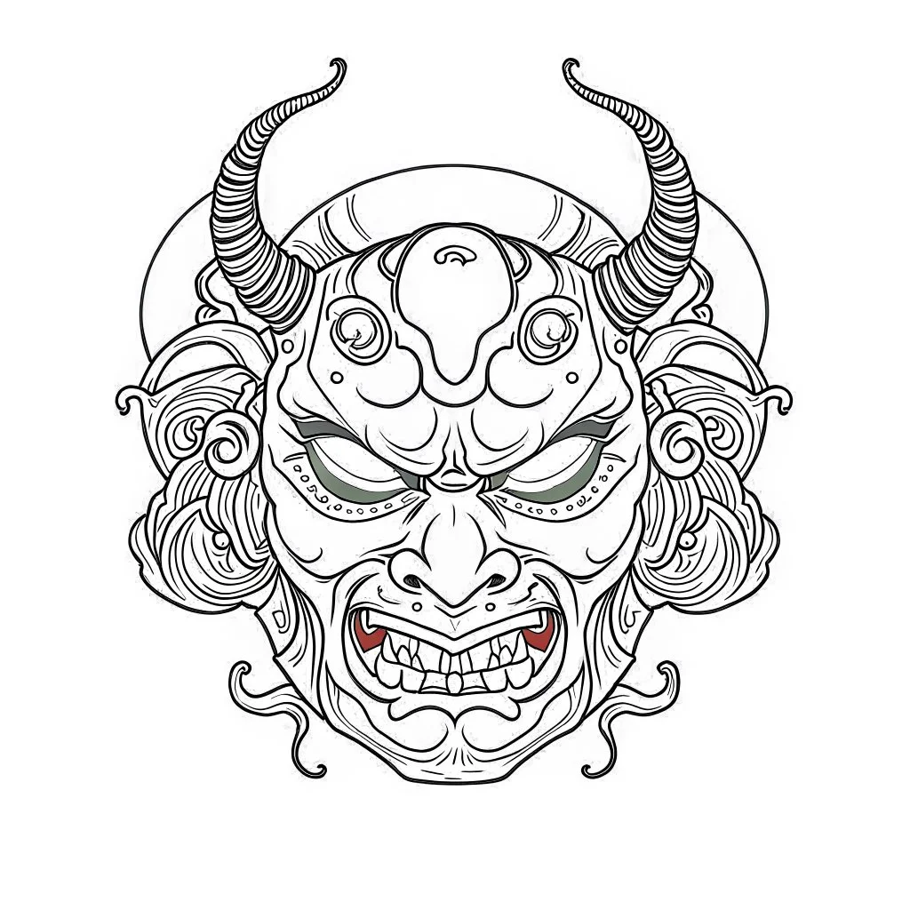 White, minimalis line art , oni mask japanes funny , vector, white background, outline, with images neatly contained within the background, just black and white color,