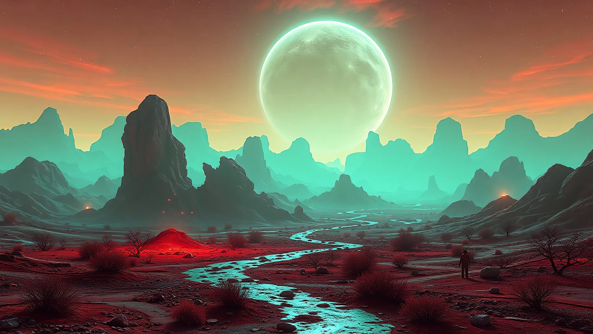 a radioactive landscape that looks futuristic with futuristic lighting, realistic rendering