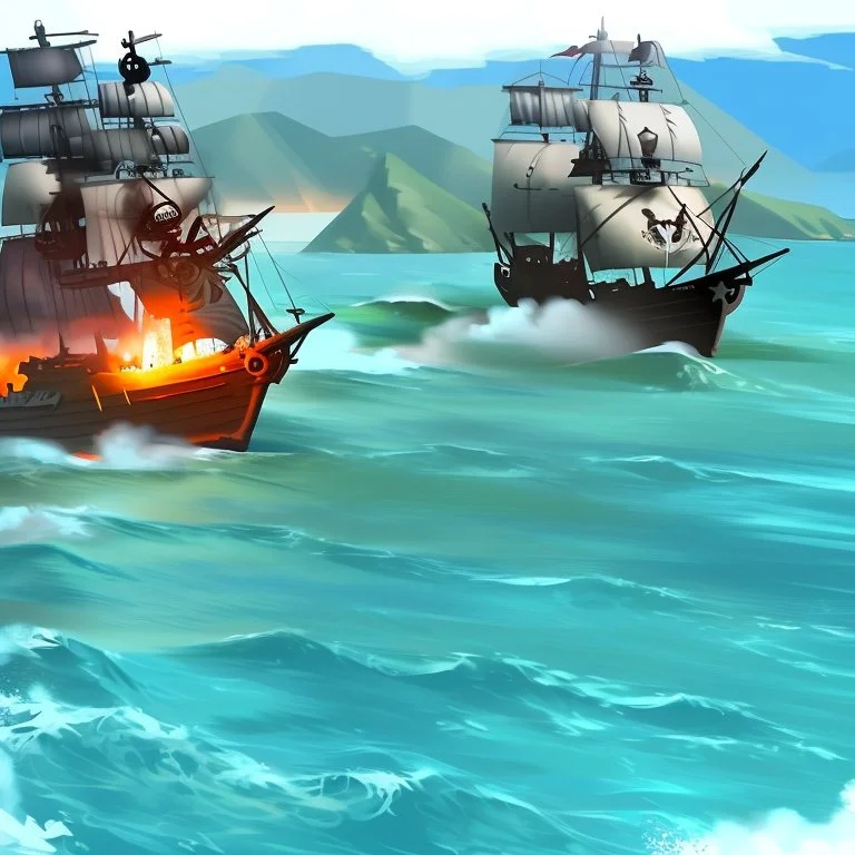 Two pirate ships fight each other at sea. Firing cannons. One ship is hit and burns after being hit.