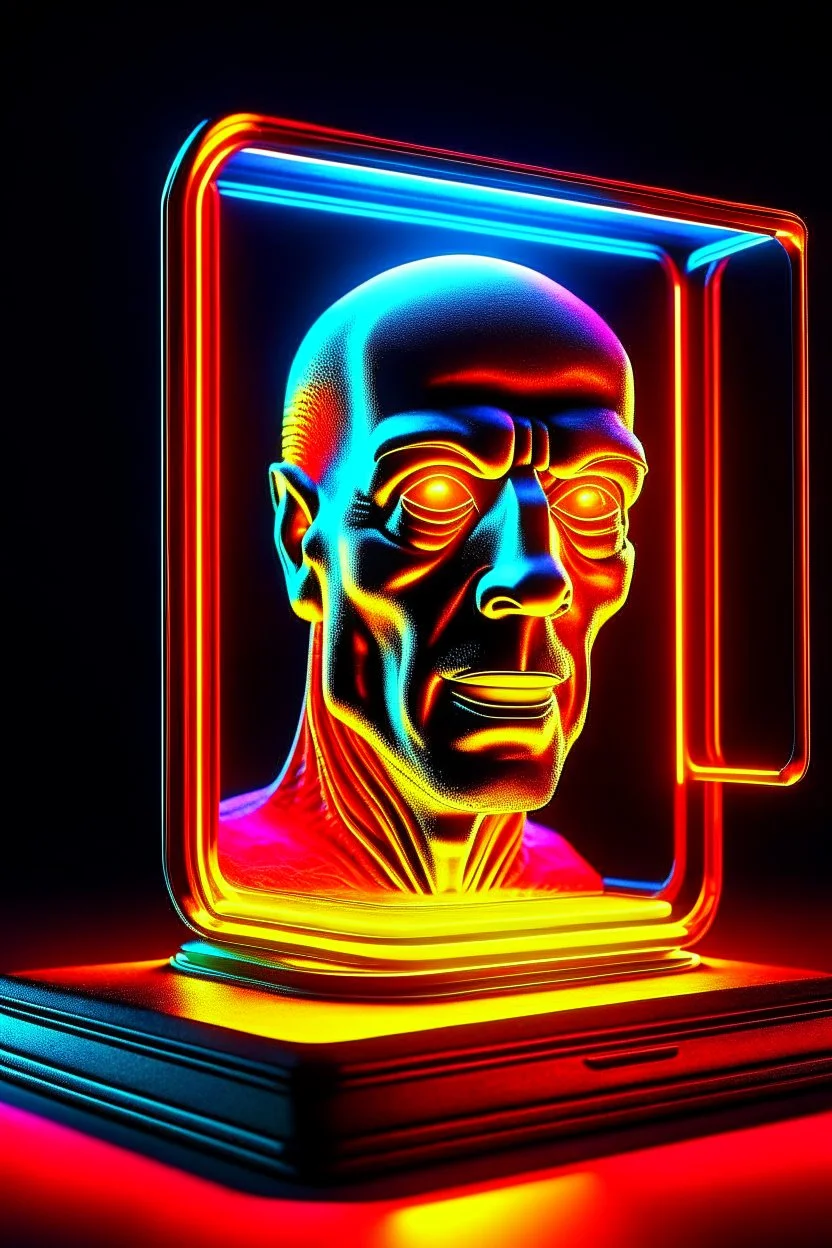 a 3d male face coming out of a tablet screen, inspired by Tim Hildebrandt, futuristic, glowing, sci-fi digital art illustration, stefan koidl inspired