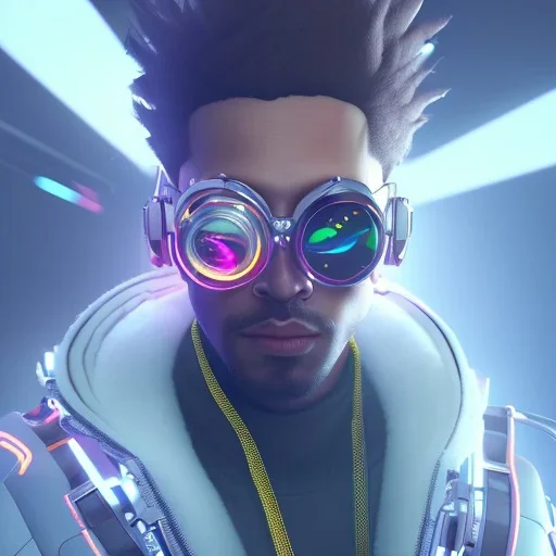 Generate ultra-high-resolution, photorealistic image of an overwatch character with the face of electronic music producer Phraktal, DJing. The nightclub should have amazing dynamic lighting similar to a Drumcode event. The image should have a level of complexity and detail similar to Love Death and robots.