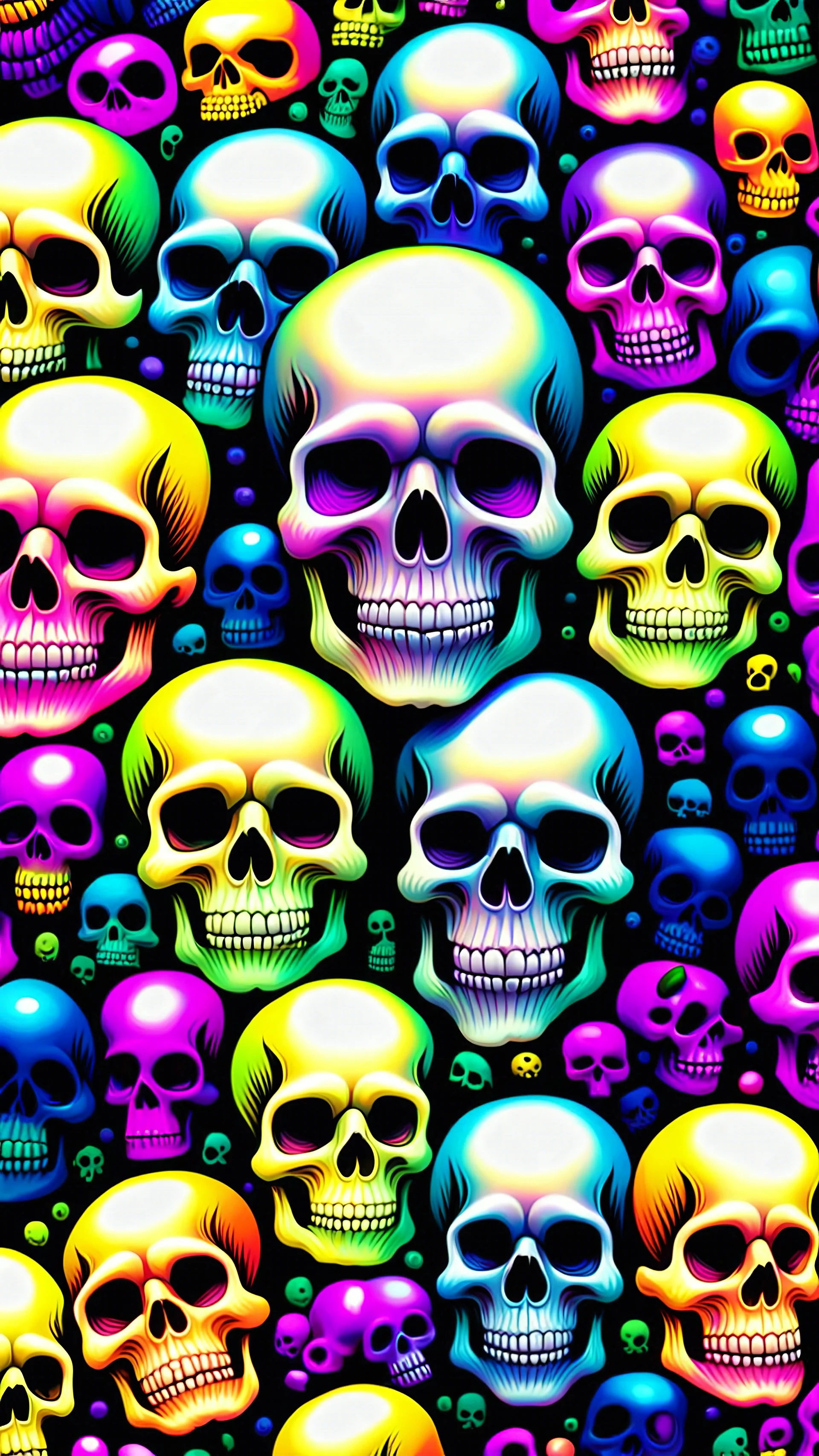 a field of 1000s of psychedelic psylocibin induced anatomically correct, skulls, vivid RANDOM BRIGHT neon colors, dark comedy, well lit, high detail, photorealistic, horrorcore, fun, scary, none featured, each a different color or hue,