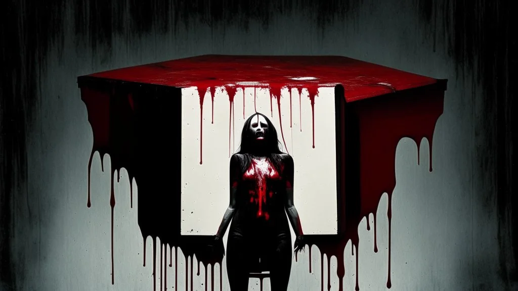 a faceless woman covered in blood holding up a black rectangular box