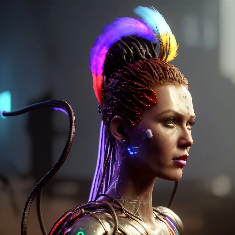 pretty South African cyber woman, cold ambient, latex, cables, purpurin, blood, black, gold, piercings, brown, decorative color feathers, circuits, neon style, a lot of led lights, fog, rain, vibrant color, highly detailed, art stations, concept art, smooth, unreal engine 5, god rays, ray tracing, RTX, lumen lighting, ultra detail, volumetric lighting, 3d, finely drawn, high definition, high resolution.