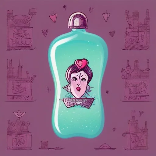 Cartoon illustration of love potion number 9 bottle sparkling, enchanted, fantasy illustration, highly detailed vintage story art style, purple tones, exaggerated, surreal