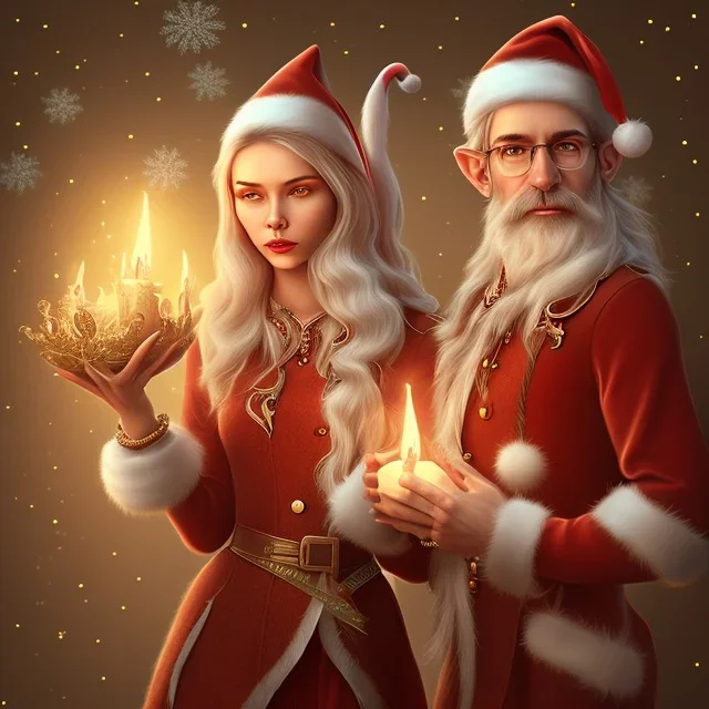 two elves. woman and man. Christmas scene. photorealistic. low-key