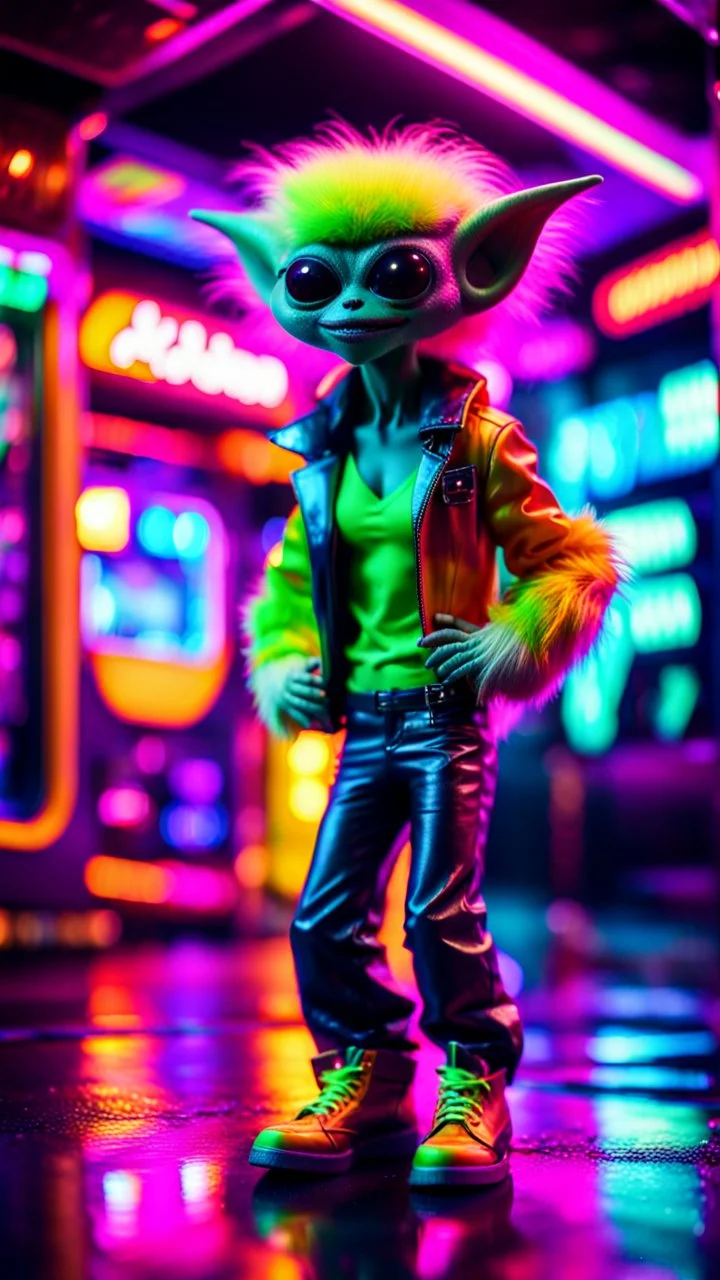 sexy stunt furry hairy alien pimp tap dancer fashion gremlin in telephone both parked in dark neon lit reflective wet arcade hall tunnel,bokeh like f/0.8, tilt-shift lens 8k, high detail, smooth render, down-light, unreal engine, prize winning