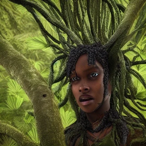 Octane render. Ultra realistic photo .the face of A young black woman. A wood nymph emerging from the forest. Her hair looks like vines. Dreadlocs. Her skin is the colour of dark soil. Her skin looks like tree bark. Her clothing is made of vines, grass and leaves.