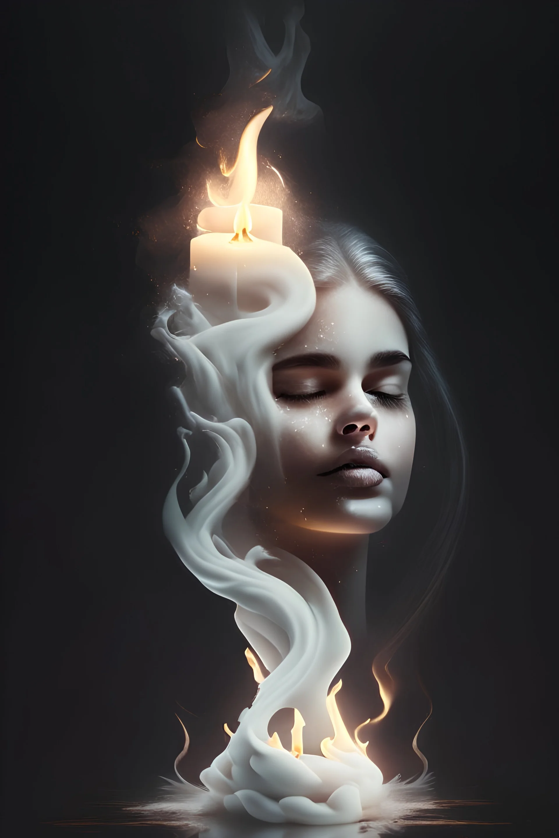 "An 8K professional logo featuring a melting white candle with bink smoke emanating from it in the shape of a beautiful girl."