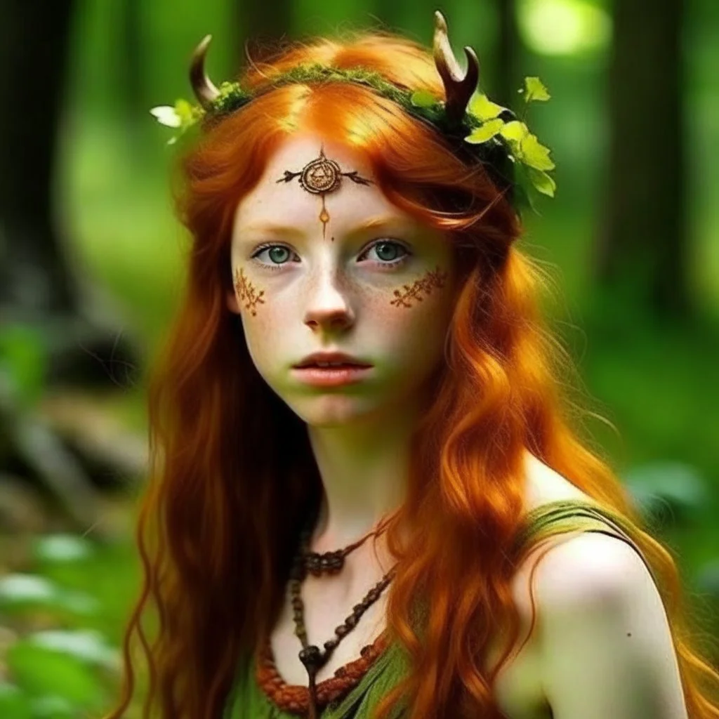 pretty girl, aged 19, ginger, conventionally attractive, dreamy, faun, satyr, tribal