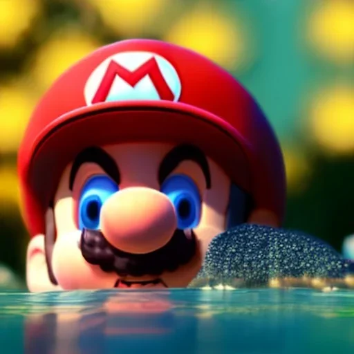 Super Mario underwater with red hat for hair, closed eyes, rtx, reflection, 8k, glow, winning photography, caustics