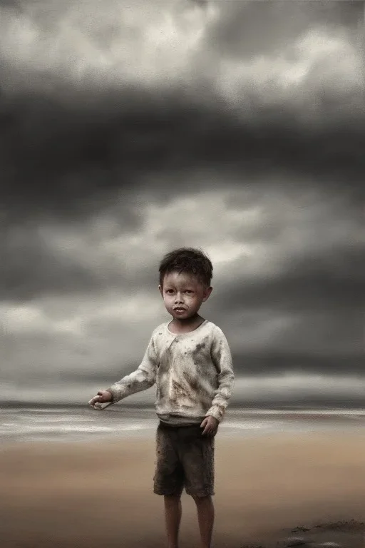 desaturated oil painting of boy on beach, old clothes, dark storm clouds overhead, gloomy, bleak, little fires