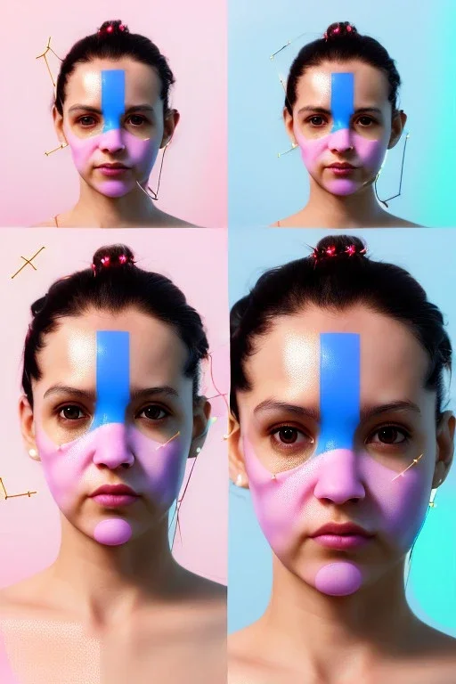 Ultra Realistic image, Rosalía artist, 40 years old, portrait, normal complexion, natural small busty, traditional little tattoo, two bows, little chopsticks hair ,black eye long liner, latex t-shirt and inflatable coat, gold pink and blue style, spray line glow make up, geometric led jewelry, fog, hot, inflatable style latex coat, vibrant color, highly detailed, art stations, concept art, smooth, unreal engine 5, god rays, ray tracing, RTX, lumen lighting, ultra detail, volumetric lighting.