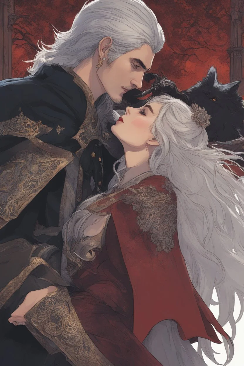 A couple from the dnd game curse of Strahd kissing. She has white hair he has long black hair.